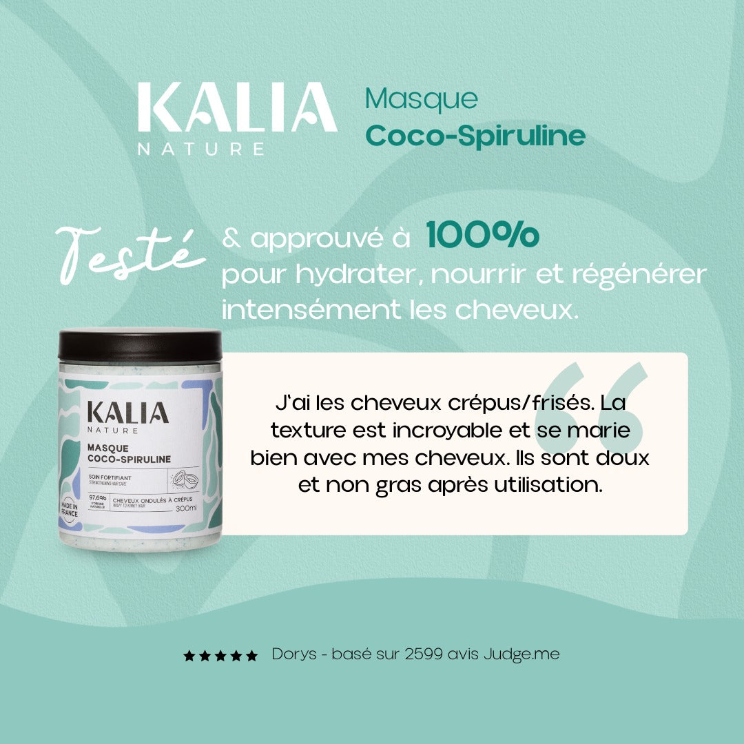 avis client sur le produit masque coco-spiruline : approuvé à 100% pour hydrater, nourrir et régénérer intensément les cheveux