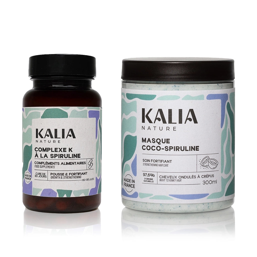 Routine in & out avec le complexe K à la spiruline et le masque coco-spiruline pour la pousse et la fortification de Kalia Nature