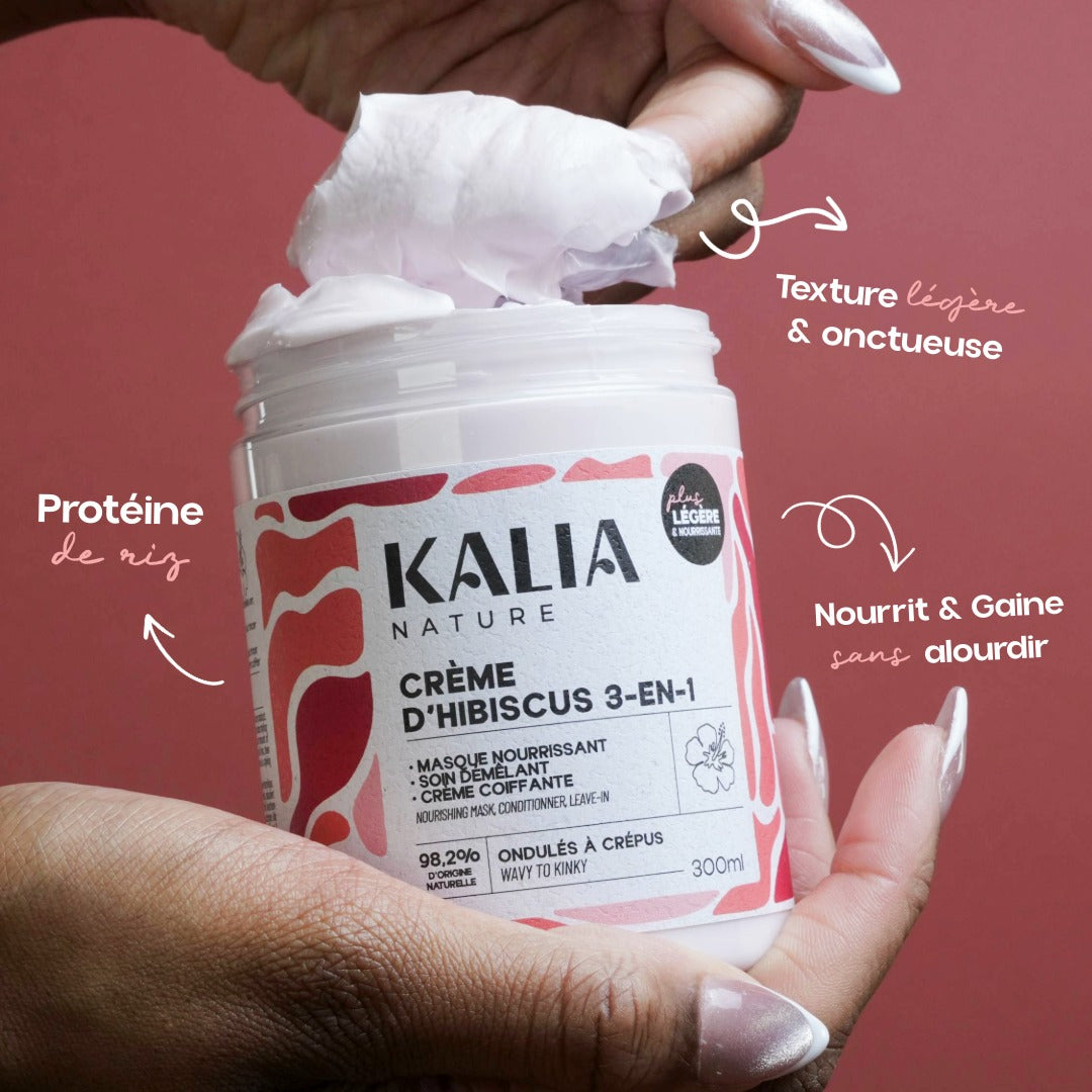 photo de la nouvelle formule de la crème s'hibiscus 3-en1 Kalia Nature. Nouvelle texture légère et onctueuse