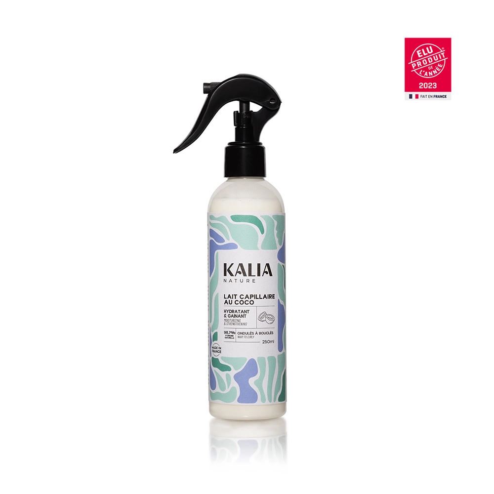 Lait Capillaire au Coco Kalia Nature – hydratant léger pour cheveux ondulés à bouclés.