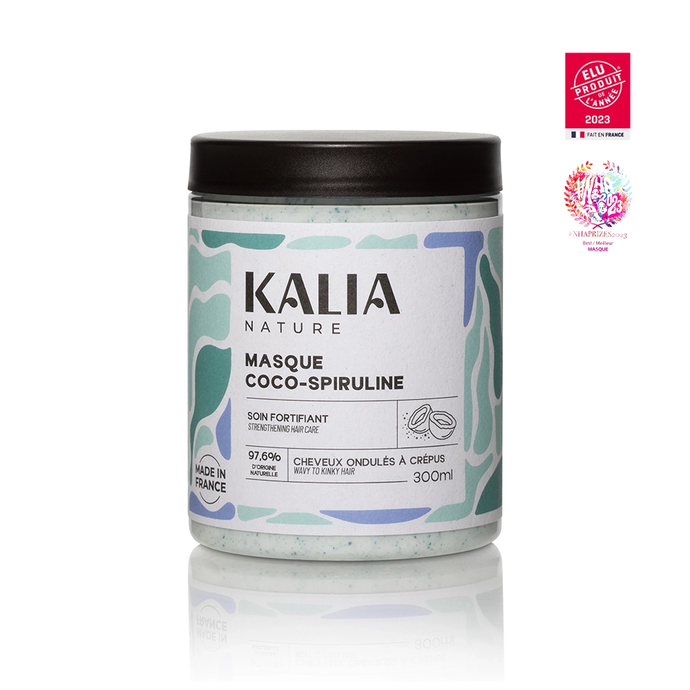 Masque Coco-Spiruline Kalia Nature – soin intensif pour des cheveux plus forts, plus sains et intensément nourris.